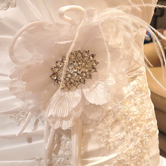 Gathered pleated sweetheart feather beaded Rhinestones lace applique bridal gown - Picture 4 of 12